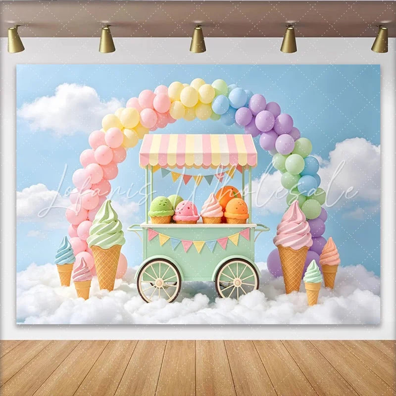 Lofaris Pastel Ice Cream Cart Rainbow Birthday Backdrop with Colorful Balloons Sweet Party Photography Background for Kids