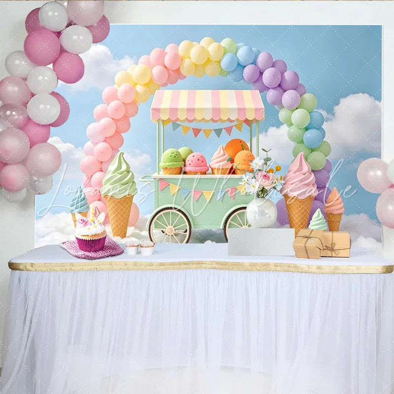 Lofaris Pastel Ice Cream Cart Rainbow Birthday Backdrop with Colorful Balloons Sweet Party Photography Background for Kids
