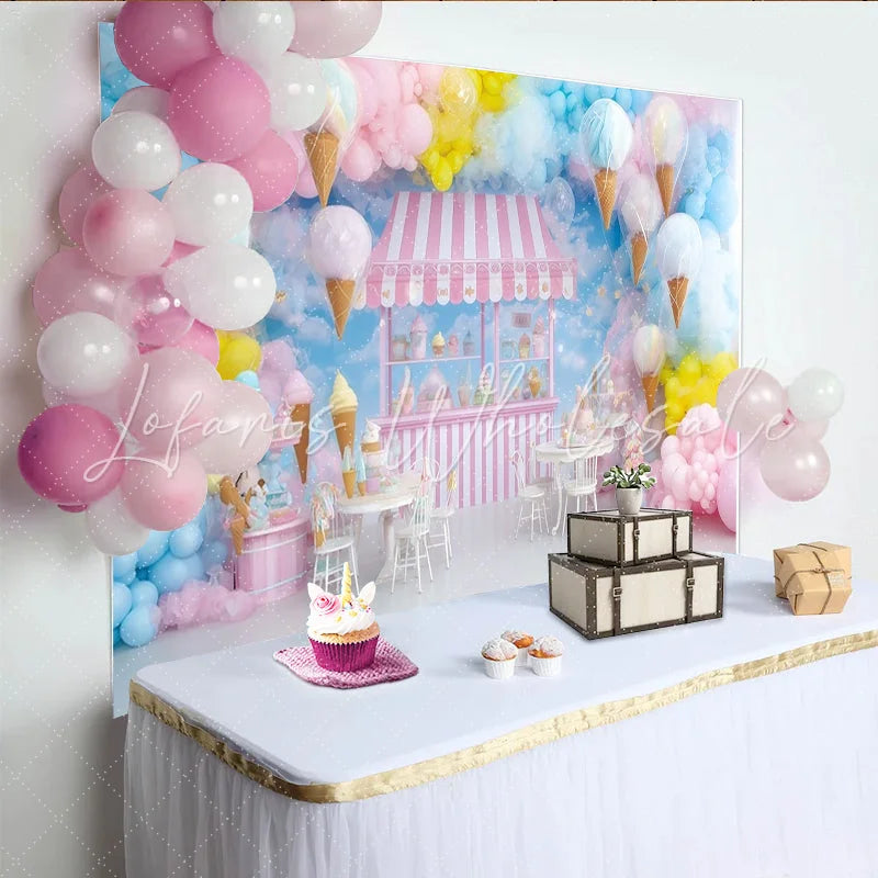 Lofaris Pastel Ice Cream Shop Photography Backdrop with Balloons and Cotton Candy Sweet Dessert Stand Background for Kids Party Photoshoot