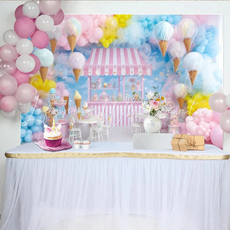 Lofaris Pastel Ice Cream Shop Photography Backdrop with Balloons and Cotton Candy Sweet Dessert Stand Background for Kids Party Photoshoot