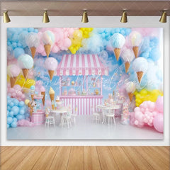 Lofaris Pastel Ice Cream Shop Photography Backdrop with Balloons and Cotton Candy Sweet Dessert Stand Background for Kids Party Photoshoot