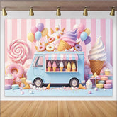 Lofaris Pastel Ice Cream Truck Birthday Backdrop with Donuts and Balloons Sweet Candy Land Dessert Shop Background for Kids Party Photoshoot