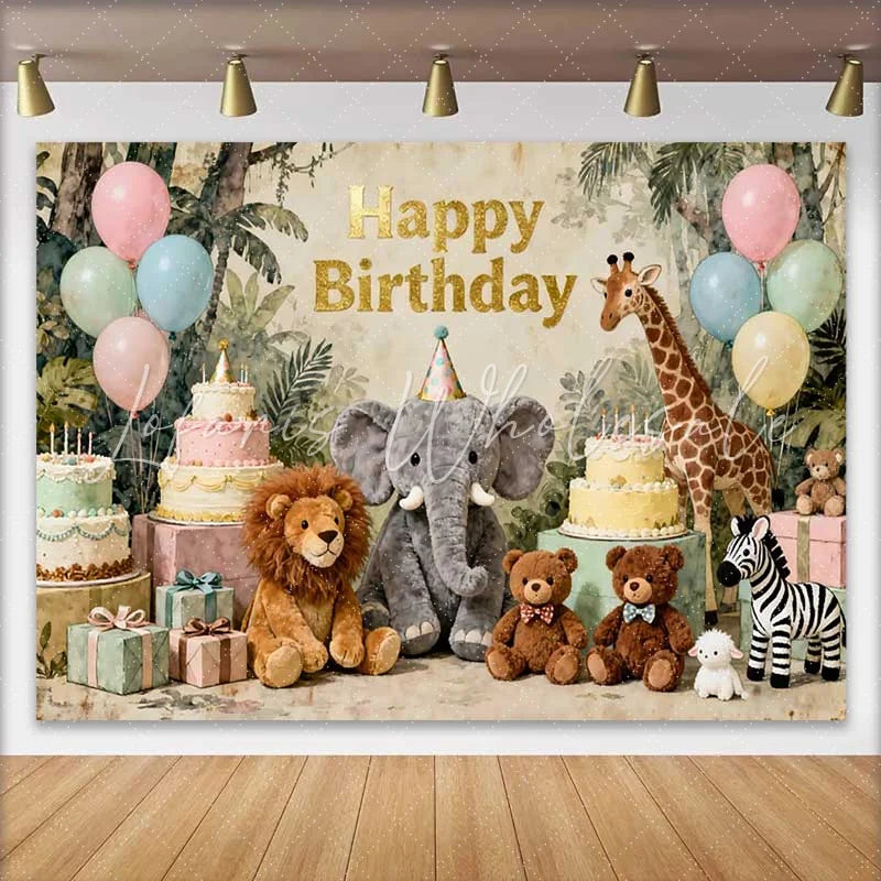 Lofaris Pastel Jungle Safari Animals Happy Birthday Backdrop with Elephant Lion and Giraffe for Kids Party