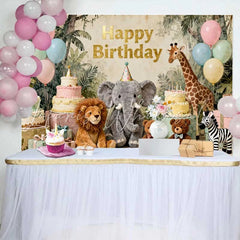 Lofaris Pastel Jungle Safari Animals Happy Birthday Backdrop with Elephant Lion and Giraffe for Kids Party