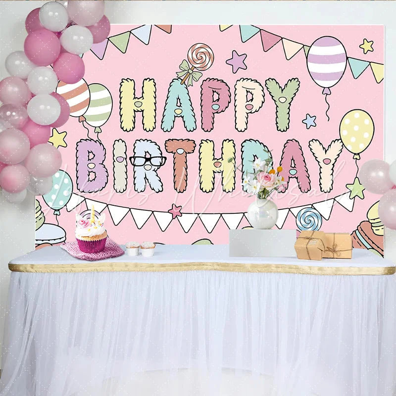 Lofaris Pastel Macaron Happy Birthday Backdrop with Balloons Cute Cartoon Party Decor for Kids Photography