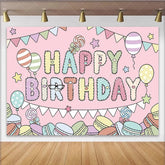 Lofaris Pastel Macaron Happy Birthday Backdrop with Balloons Cute Cartoon Party Decor for Kids Photography