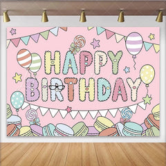 Lofaris Pastel Macaron Happy Birthday Backdrop with Balloons Cute Cartoon Party Decor for Kids Photography