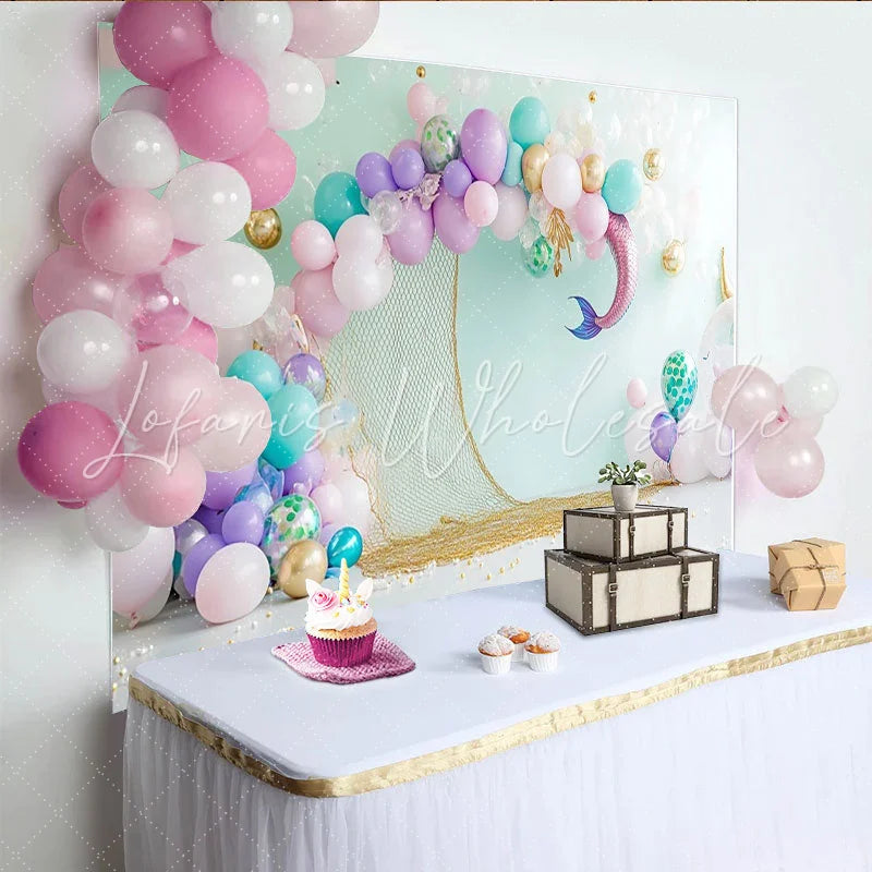 Lofaris Pastel Mermaid Birthday Backdrop with Balloons and Fishing Net Under the Sea Party Background for Girls