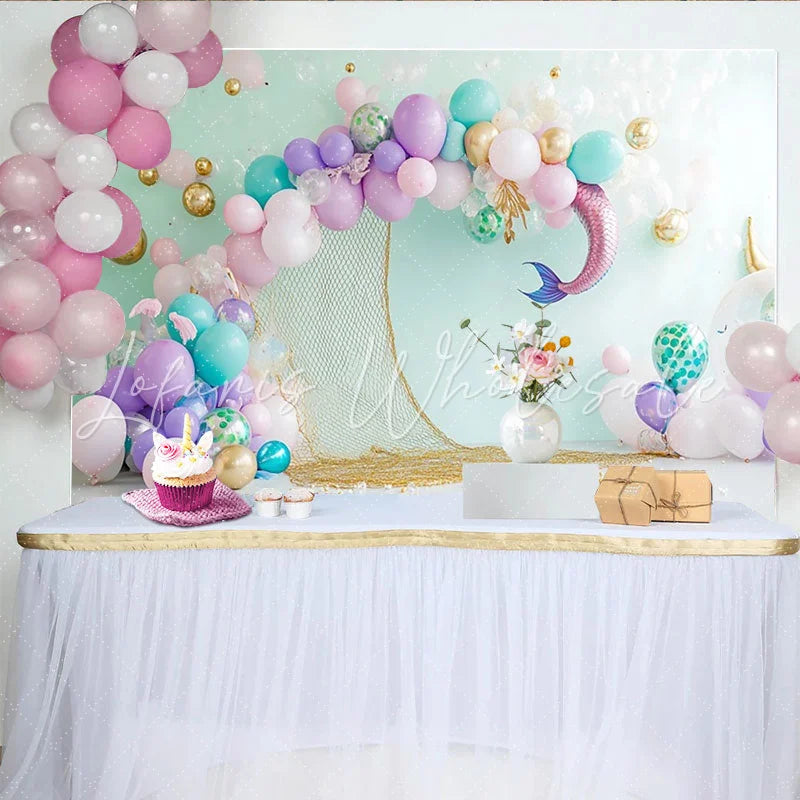 Lofaris Pastel Mermaid Birthday Backdrop with Balloons and Fishing Net Under the Sea Party Background for Girls