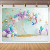 Lofaris Pastel Mermaid Birthday Backdrop with Balloons and Fishing Net Under the Sea Party Background for Girls