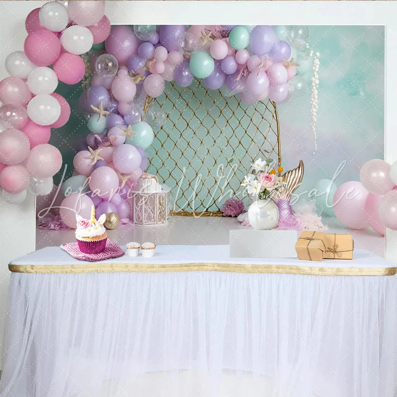Lofaris Pastel Mermaid Birthday Backdrop with Balloons and Starfish Dreamy Underwater Photography Background for Party Decoration