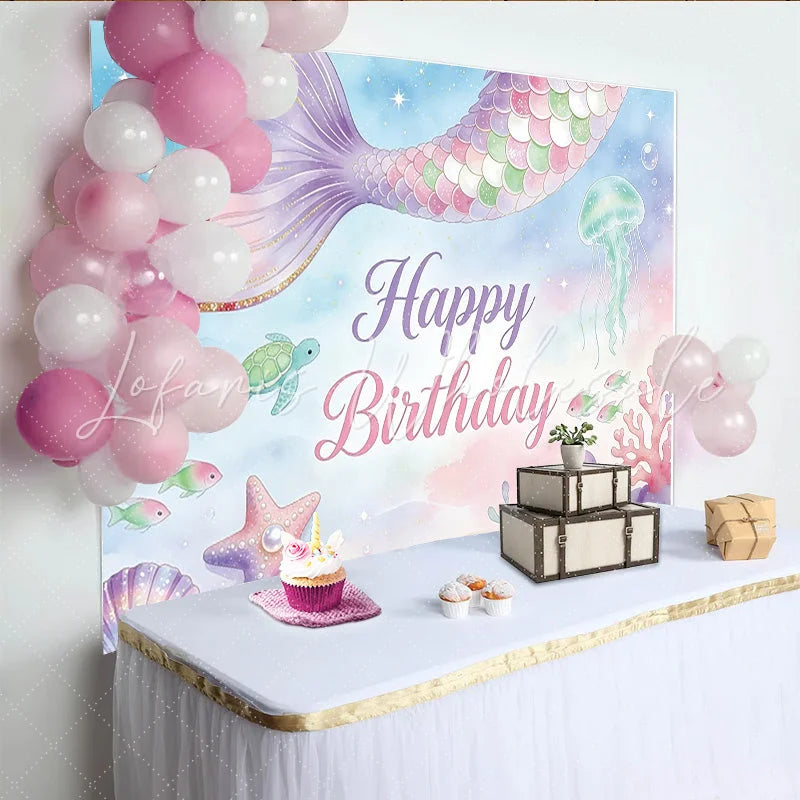 Lofaris Pastel Mermaid Happy Birthday Backdrop with Underwater Creatures and Glitter Dreamy Ocean Theme Background for Girls Party