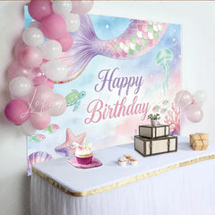 Lofaris Pastel Mermaid Happy Birthday Backdrop with Underwater Creatures and Glitter Dreamy Ocean Theme Background for Girls Party