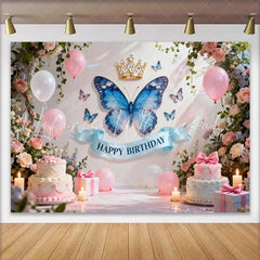Lofaris Pastel Pink and Blue Butterfly Birthday Cake Smash Backdrop Golden Crown Happy Birthday Floral Decor