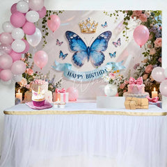 Lofaris Pastel Pink and Blue Butterfly Birthday Cake Smash Backdrop Golden Crown Happy Birthday Floral Decor