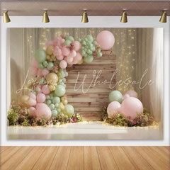 Lofaris Pastel Pink and Green Balloon Garland Boho Baby Shower Backdrop with Rustic Wood Elegant Photography Background for Party Decor