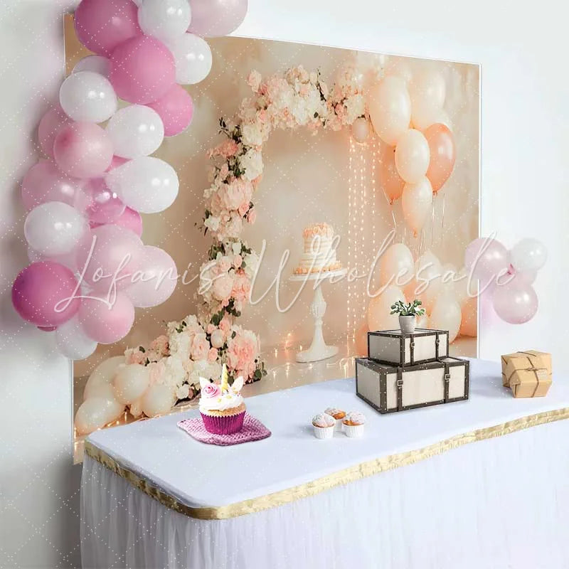 Lofaris Pastel Pink Balloon Floral Arch Wedding Backdrop Sweet Cake Fairy Lights Bridal Shower Background