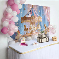 Lofaris Pastel Pink Blue Carousel Unicorn Photography Backdrop Dreamy Rainbow Cloud Photo Booth Background for Kids Party