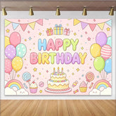 Lofaris Pastel Pink Cartoon Happy Birthday Backdrop with Colorful Balloons and Cake Cute Party Decor for Kids Photoshoot and Celebration