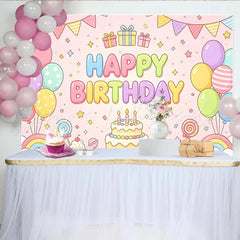 Lofaris Pastel Pink Cartoon Happy Birthday Backdrop with Colorful Balloons and Cake Cute Party Decor for Kids Photoshoot and Celebration