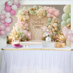 Lofaris Pastel Pink Green 1st Birthday Backdrop with Balloons and Flowers Elegant Wood Texture Background for Baby Girl Party Decor