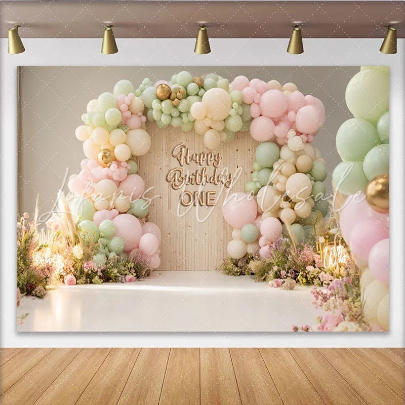 Lofaris Pastel Pink Green 1st Birthday Backdrop with Balloons and Flowers Elegant Wood Texture Background for Baby Girl Party Decor