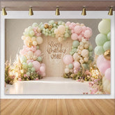 Lofaris Pastel Pink Green 1st Birthday Backdrop with Balloons and Flowers Elegant Wood Texture Background for Baby Girl Party Decor