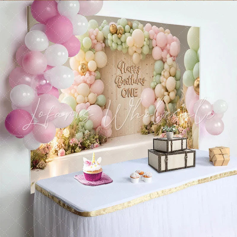 Lofaris Pastel Pink Green 1st Birthday Backdrop with Balloons and Flowers Elegant Wood Texture Background for Baby Girl Party Decor