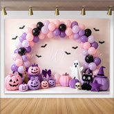 Lofaris Pastel Pink Purple Halloween Backdrop with Cute Pumpkins Ghost and Bats Spooky Party Photography Background for Kids
