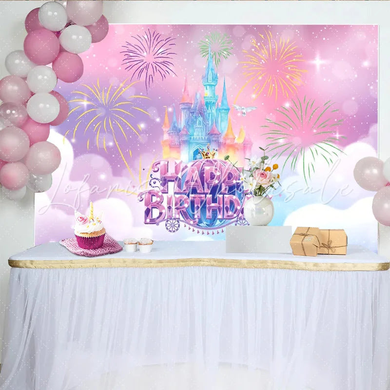 Lofaris Pastel Princess Castle Birthday Backdrop with Fireworks and Sparkles Magical Party Decor for Girls Photoshoot