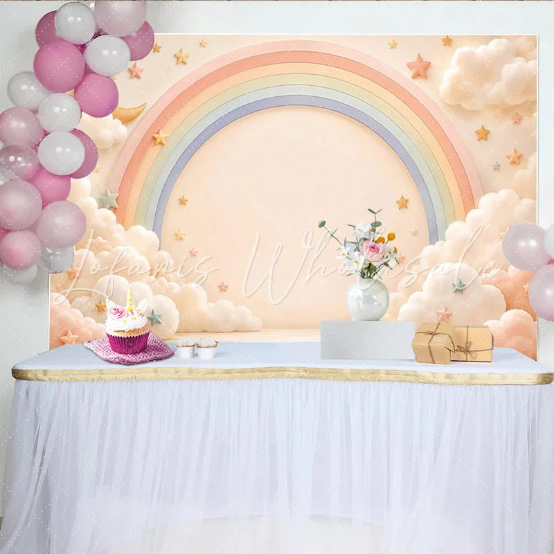 Lofaris Pastel Rainbow Baby Shower Backdrop with Fluffy Clouds and Stars Dreamy Photography Background for Newborn Photoshoot