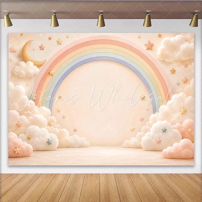 Lofaris Pastel Rainbow Baby Shower Backdrop with Fluffy Clouds and Stars Dreamy Photography Background for Newborn Photoshoot