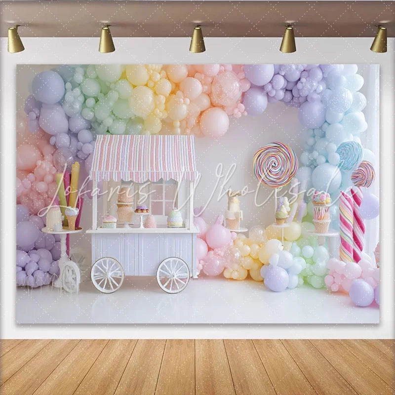 Lofaris Pastel Rainbow Candy Shop Birthday Backdrop with Balloons and Sweet Desserts Festive Party Decor for Photography