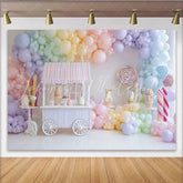 Lofaris Pastel Rainbow Candy Shop Birthday Backdrop with Balloons and Sweet Desserts Festive Party Decor for Photography