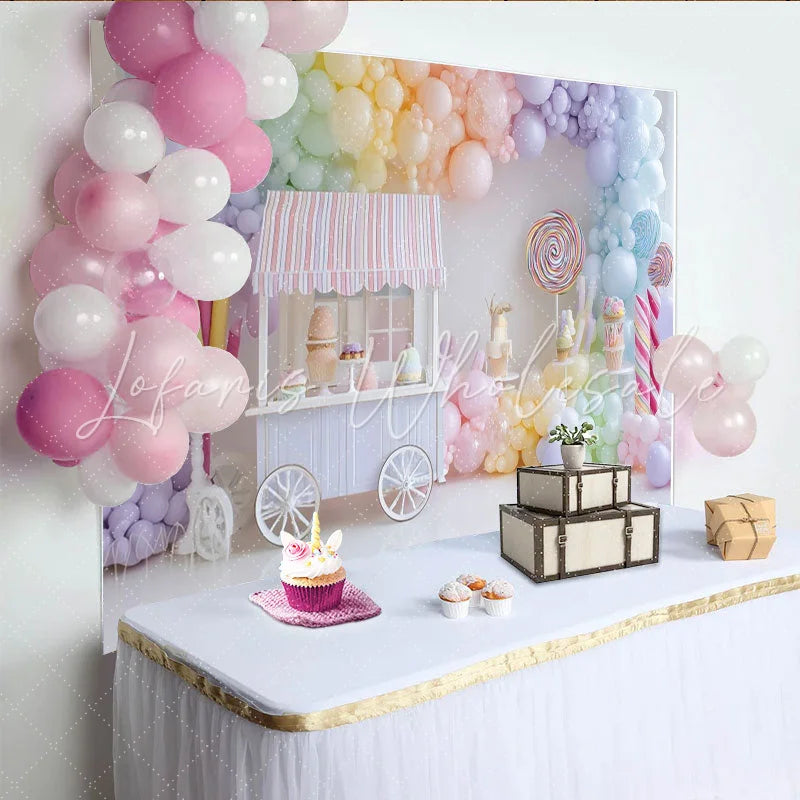 Lofaris Pastel Rainbow Candy Shop Birthday Backdrop with Balloons and Sweet Desserts Festive Party Decor for Photography