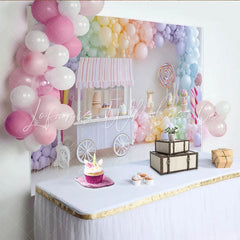 Lofaris Pastel Rainbow Candy Shop Birthday Backdrop with Balloons and Sweet Desserts Festive Party Decor for Photography