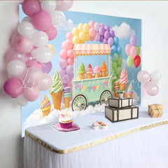 Lofaris Pastel Rainbow Ice Cream Birthday Backdrop with Sweet Cart Dreamy Cloud Photography Background for Kids Party