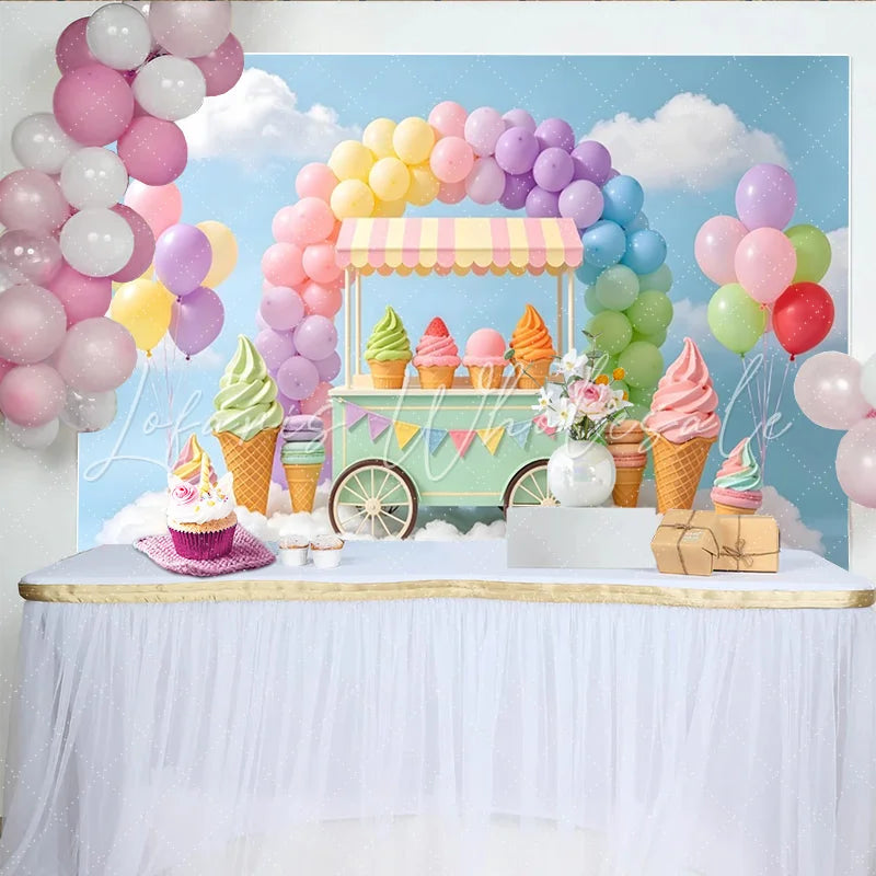 Lofaris Pastel Rainbow Ice Cream Birthday Backdrop with Sweet Cart Dreamy Cloud Photography Background for Kids Party
