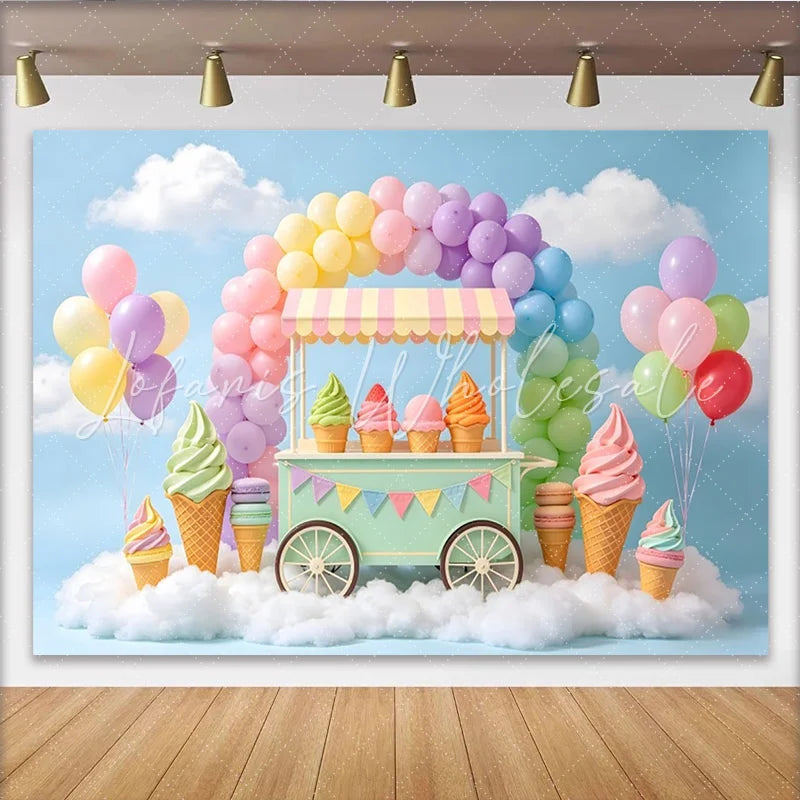 Lofaris Pastel Rainbow Ice Cream Birthday Backdrop with Sweet Cart Dreamy Cloud Photography Background for Kids Party