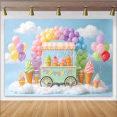 Lofaris Pastel Rainbow Ice Cream Birthday Backdrop with Sweet Cart Dreamy Cloud Photography Background for Kids Party