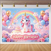 Lofaris Pastel Rainbow Unicorn Birthday Backdrop with Balloons and Cake Magical Fantasy Photo Background for Girls Party Decoration