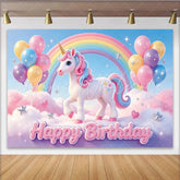 Lofaris Pastel Rainbow Unicorn Birthday Backdrop with Balloons and Clouds Dreamy Happy Birthday Party Background for Girls Photoshoot
