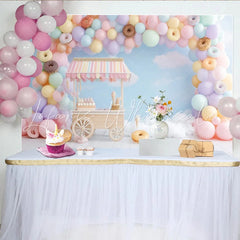 Lofaris Pastel Sweet Birthday Backdrop with Balloons and Donuts Charming Candy Cart Ice Cream Party Decor for Photoshoot
