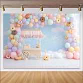 Lofaris Pastel Sweet Birthday Backdrop with Balloons and Donuts Charming Candy Cart Ice Cream Party Decor for Photoshoot