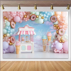 Lofaris Pastel Sweet Shop Birthday Backdrop with Balloons and Donuts Charming Dessert Stand Background for Girl’s Party Photoshoot
