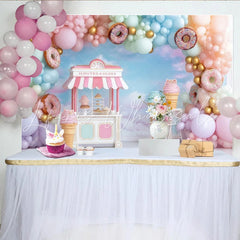 Lofaris Pastel Sweet Shop Birthday Backdrop with Balloons and Donuts Charming Dessert Stand Background for Girl’s Party Photoshoot