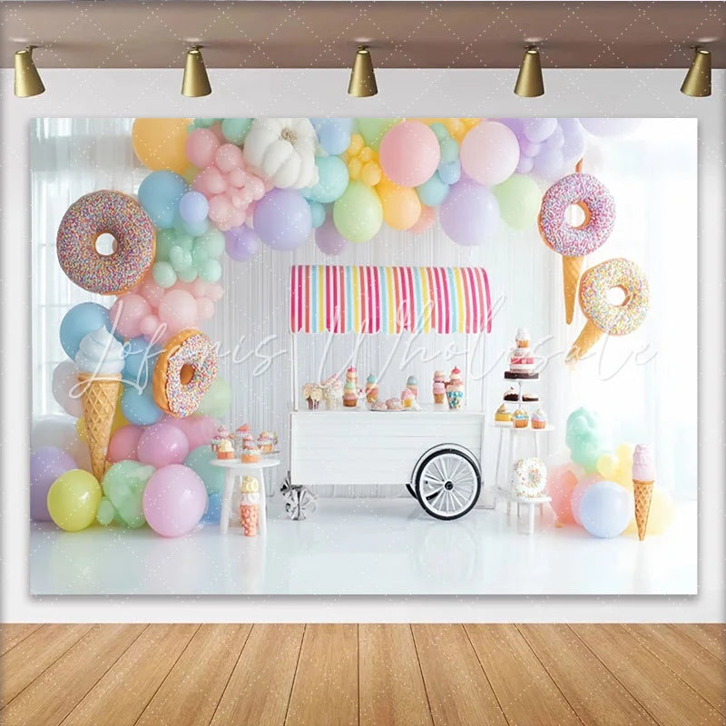 Lofaris Pastel Sweet Shop Birthday Backdrop with Balloons Donuts and Ice Cream Dessert Cart Photography Background for Party Decor