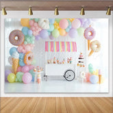 Lofaris Pastel Sweet Shop Birthday Backdrop with Balloons Donuts and Ice Cream Dessert Cart Photography Background for Party Decor