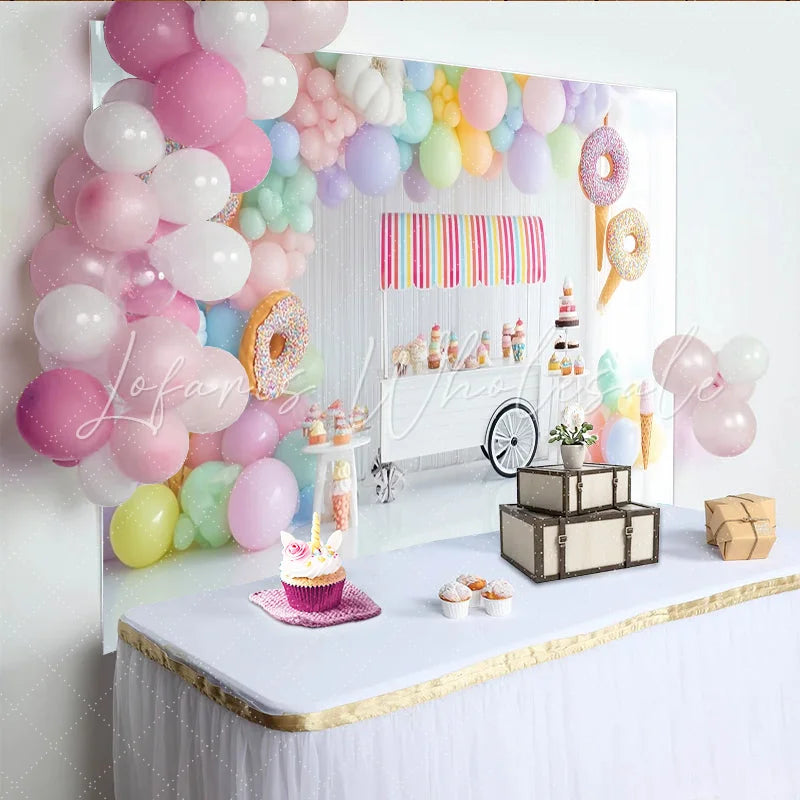 Lofaris Pastel Sweet Shop Birthday Backdrop with Balloons Donuts and Ice Cream Dessert Cart Photography Background for Party Decor
