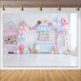 Lofaris Pastel Sweet Shop Birthday Backdrop with Ice Cream and Donuts Elegant Party Background for Girls Photoshoot